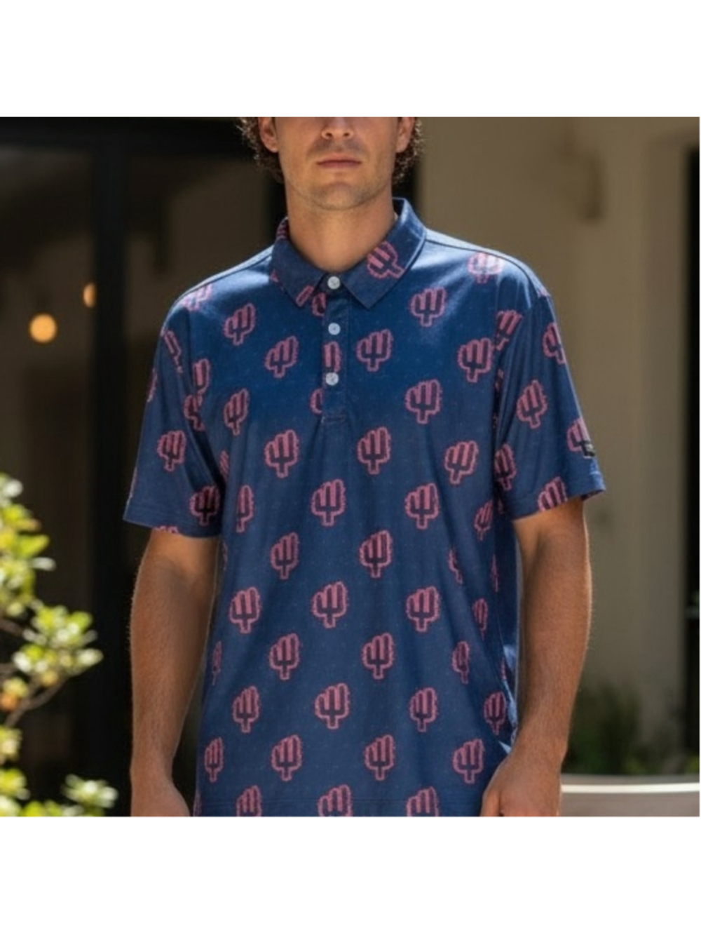Yatta Golf Men's Desert Heat Navy Polo with Red Cactus Print Activewear Novelty
